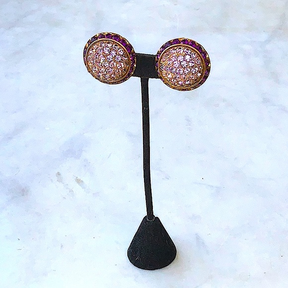 VINTAGE EARRINGS AMETHYST & LILAC AUSTRIAN CRYSTALS ROUND BUTTON SHAPE - Picture 4 of 11